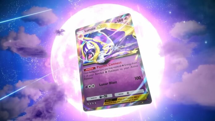 celestial guardians lunala ex The Lunala Ex card from Celestial Guardians. A purple colored Pokemon card against a bright purple moon background.