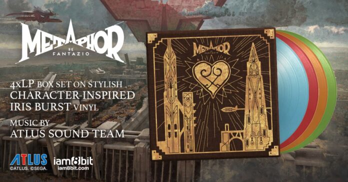 metaphor refantazio vinyl cover A look at the Metaphor: ReFantazio vinyl soundtrack. It has a gold embossed cover, with blue, red, orange, and green vinyls peeking out from the side.