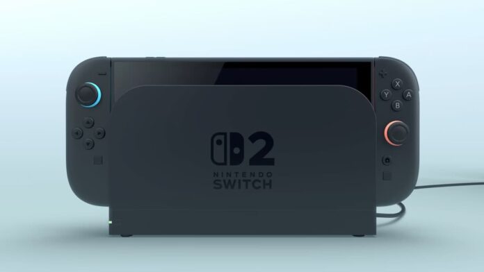 nintendo switch 2 dock The Switch 2 console in a black dock. The blue and red Joy-Con rims are visible.