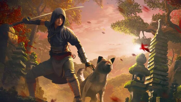 assassin's creed shadows naoe and dog Naoe from Assassin's Creed Shadows. A woman in black hooded garb armed with a sword, and a dog next to her.