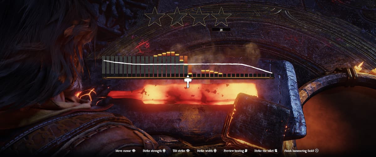 A series of black bars and a hammer icon in the Blades of Fire forging mini-game.