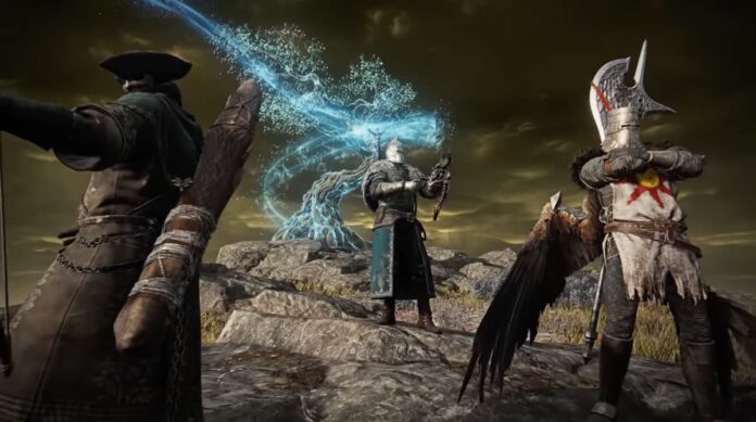 elden ring nightreign costumes Characters dressed as a gothic hunter, a knight with sun armor, and a knight with a blue aura