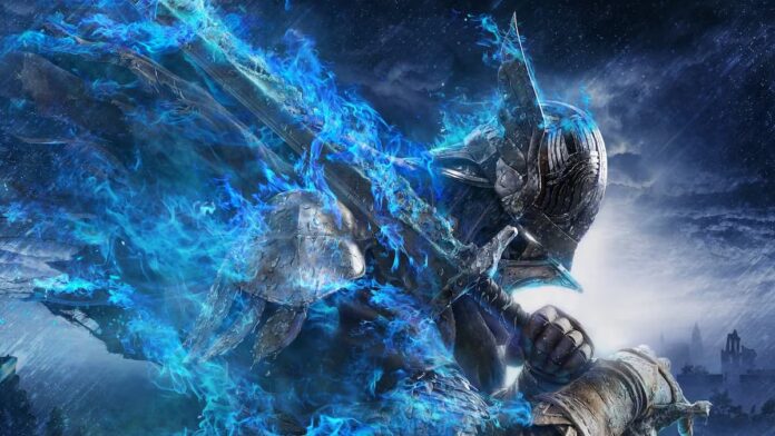 elden ring wylder cover A knight character carrying a sword over his shoulder with a blue aura.
