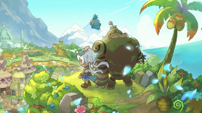 fantasy life i art A girl with white hair standing next to a moss-covered robot.