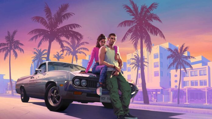 grand theft auto vi cover A woman in pink and a man in a white wife-beater leaning on a car in Grand Theft Auto VI.