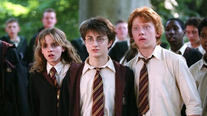 harry potter movies A brown-haired girl standing next to a dark-haired boy and red-haired boy, all looking shocked.
