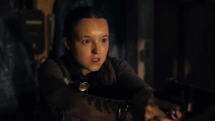last of us bella ramsey Bella Ramsey as Ellie in HBO's The Last of Us. A young girl holds a gun in front of her.