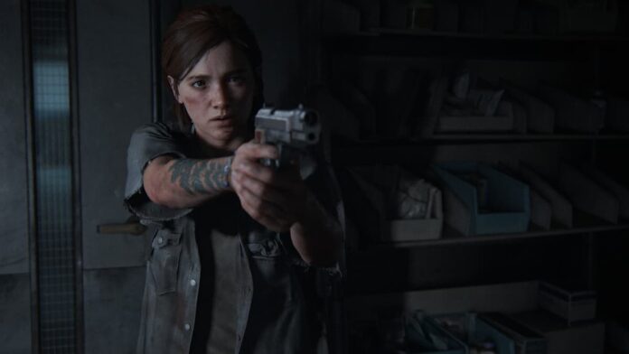 last of us game ellie with gun A screenshot from The Last of Us Part II, showing a girl with an arm tattoo aiming a gun in front of her.