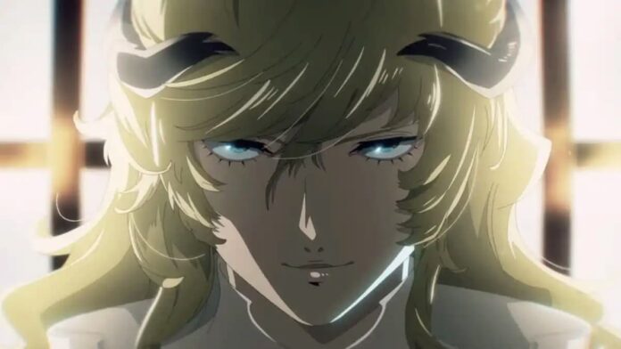 metaphor louis A blond anime man with horns is staring straight ahead.