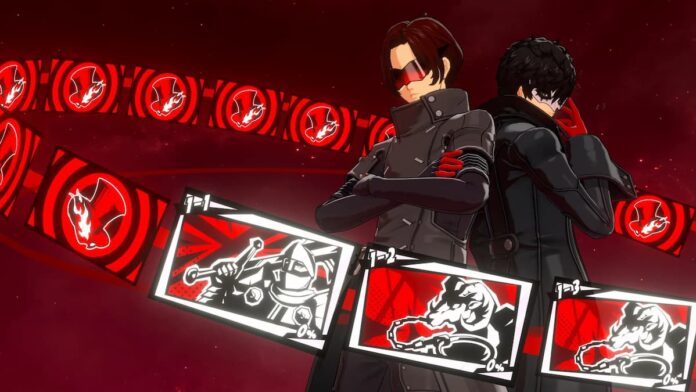 p5 phantom x Two masked anime characters stand back to back, and they're surrounded by black, red, and white namecards.