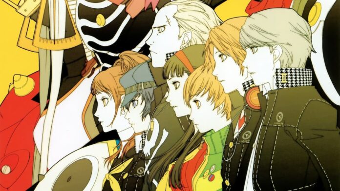 persona 4 7 anime characters stand side by side against a yellow backdrop.