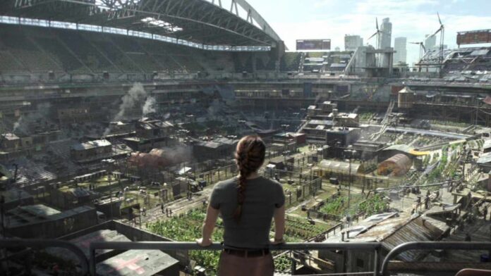 tlou stadium A woman with braided hair looking over a stadium with military equipment and resources.