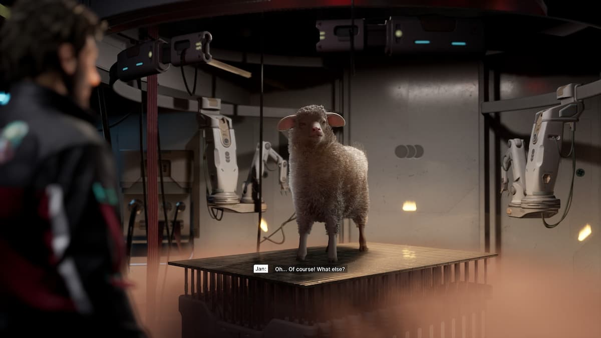A sheep standing on a table in The Alters.
