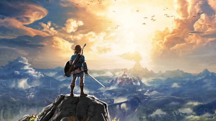 breath of the wild cover A blonde boy in a blue tunic holding a sword, and looking over a large land.