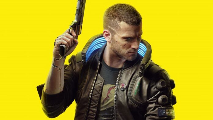 cyberpunk v A yellow backdrop and a man holding a gun.