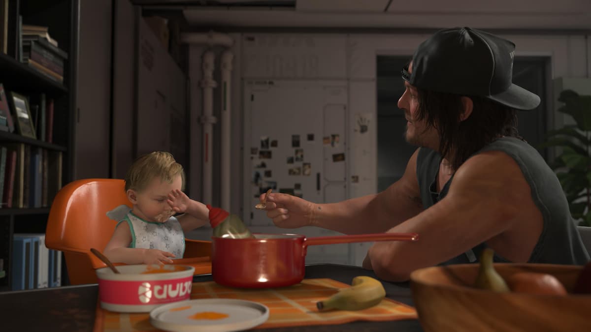 A man feeding a baby with a spoon in Death Stranding 2.