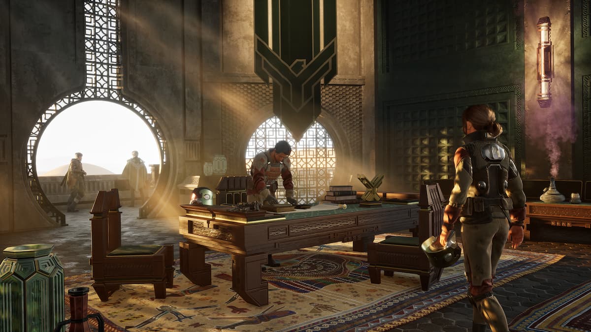 A large regal room with a table in the middle.