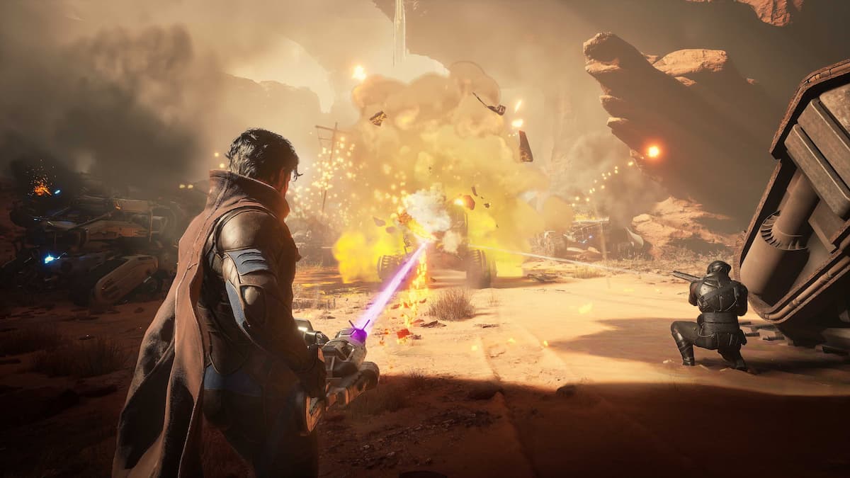 A man holding a gun shooting out a purple laser.