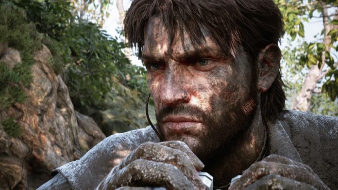 mgs3 snake A man with mud over his face.
