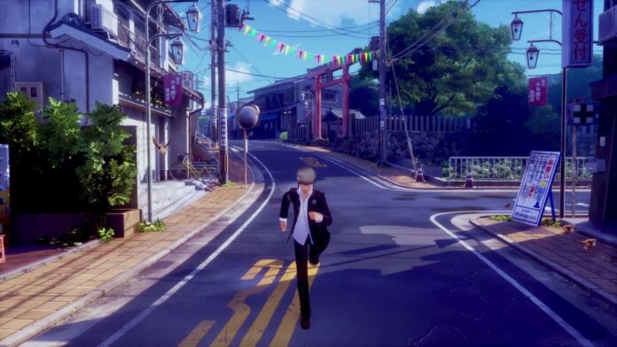 p4 revival souji A boy with silver hair running in a street in the Japanese countryside in Persona 4 Revival.