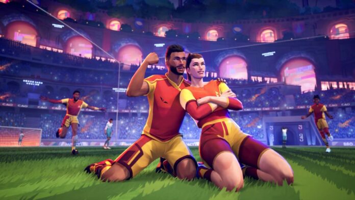 rematch game cover A man and woman kneeling on a soccer field in Rematch.
