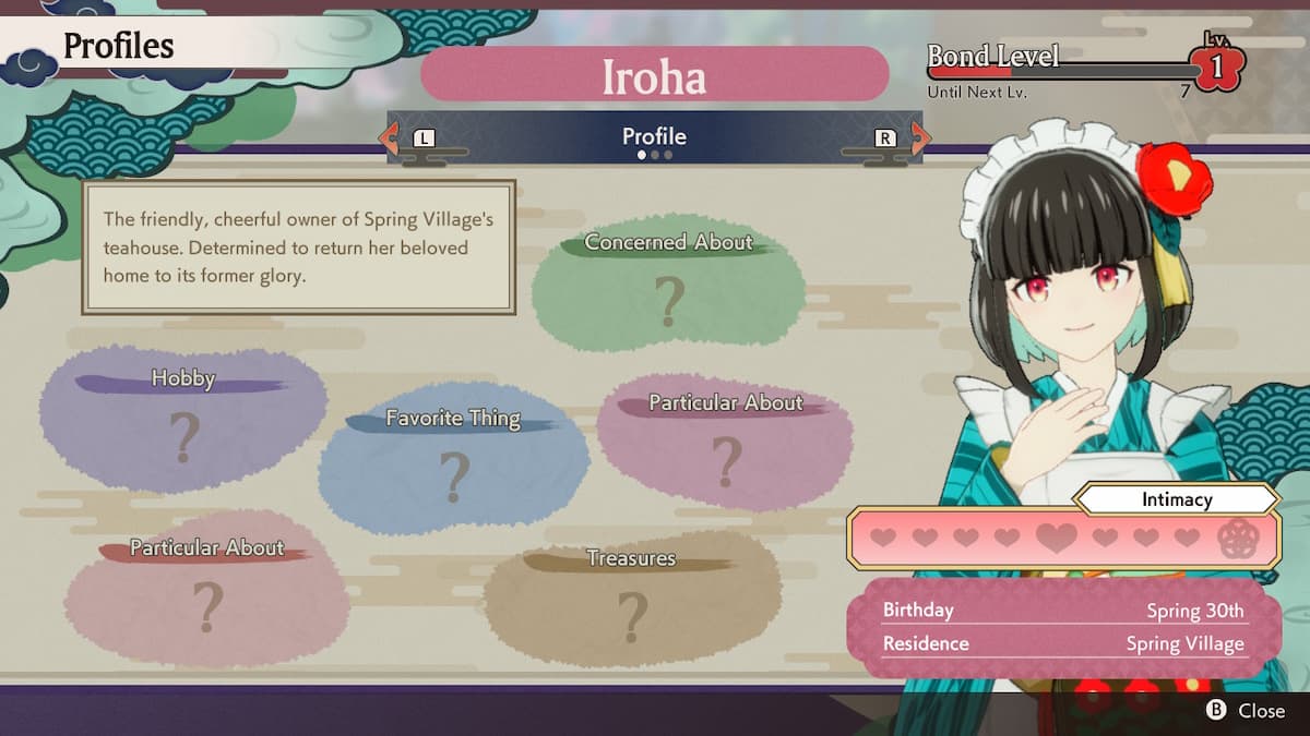 A character profile for romance in Guardians of Azuma. Several colored bubbles onscreen, along with a heart meter at the bottom left.