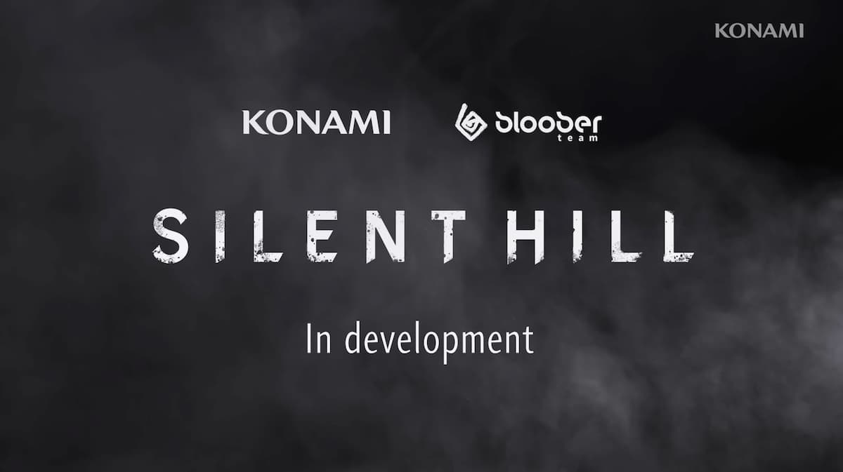 Konami's announcement of the Silent Hill remake. The Silent Hill titlecard, with Konami and Bloober Team.