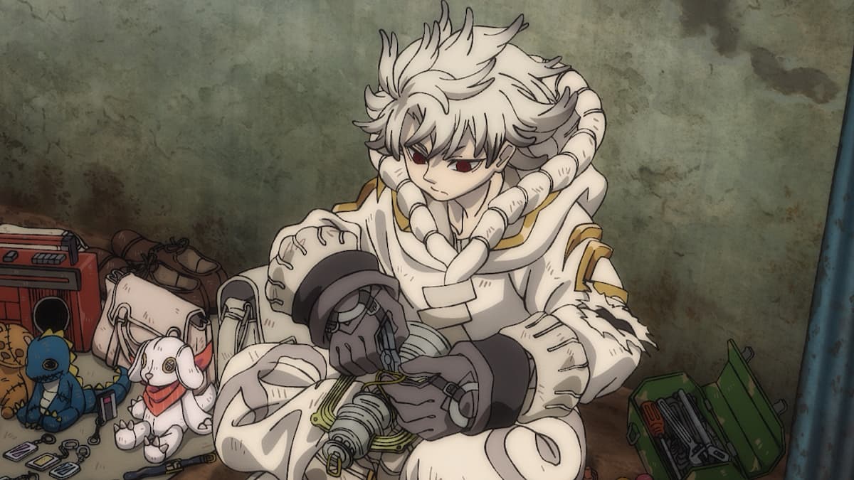 A boy with white hair fixing up a spoiled oil lamp in Gachiakuta.