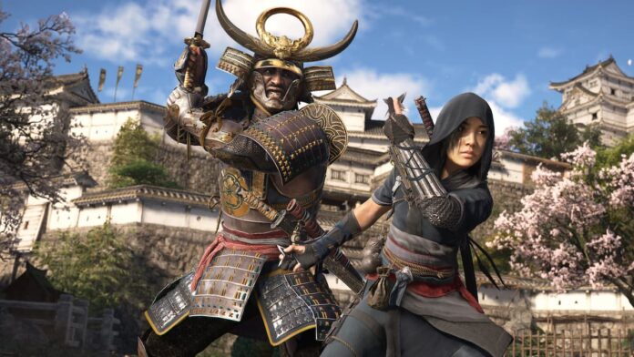 ac shadows A man in samurai armor next to a woman in black shinobi gear in Assassin's Creed Shadows.