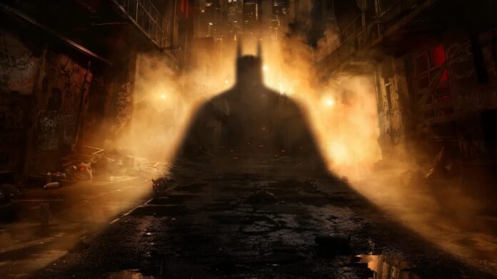 arkham shadow Cover image for our Batman: Arkham Shadow review. A dark brown/orange background with the shadow of Batman's silhouette.