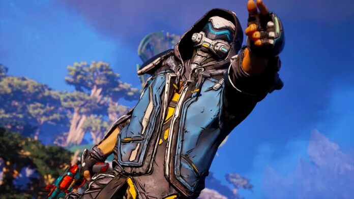 borderlands 4 rafa A man in a mask and a blue jacket with his arm raised in Borderlands 4.