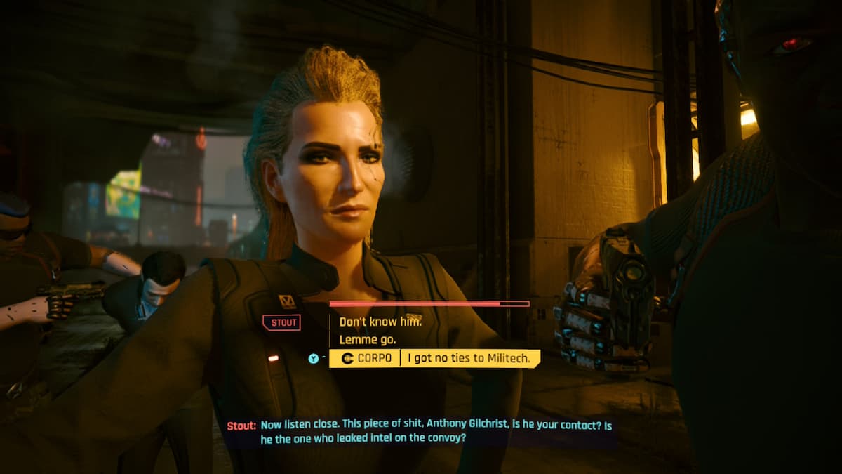 A woman with slicked back blonde hair in Cyberpunk 2077.