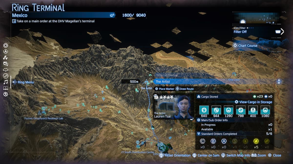 The Death Stranding 2 Artist location. A topographical map with mountains and a location marker for the Artist.