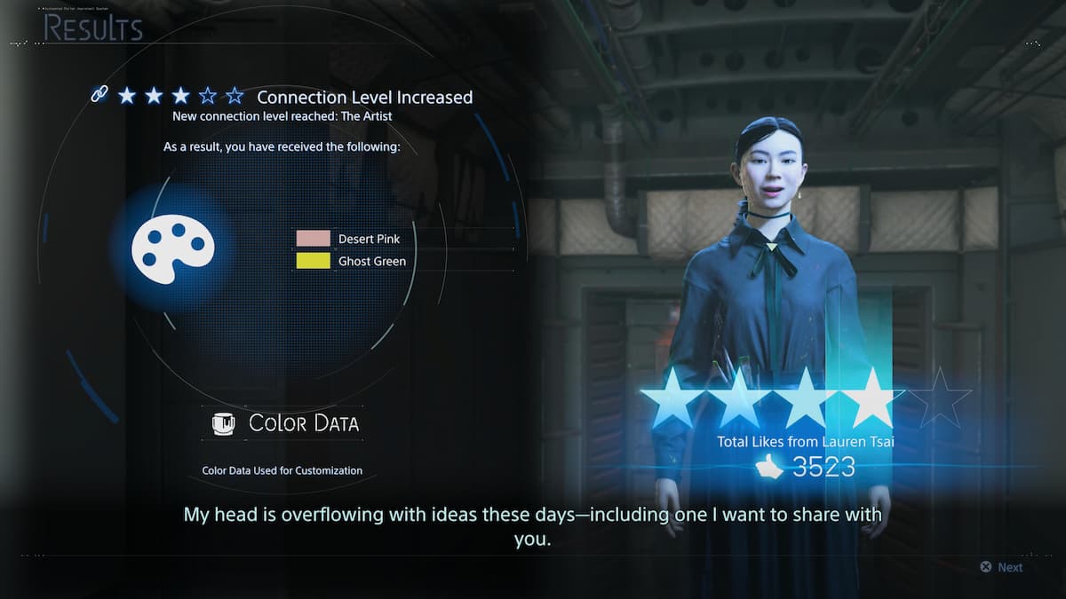 Connection level rewards in Death Stranding 2. A woman with a star rating.