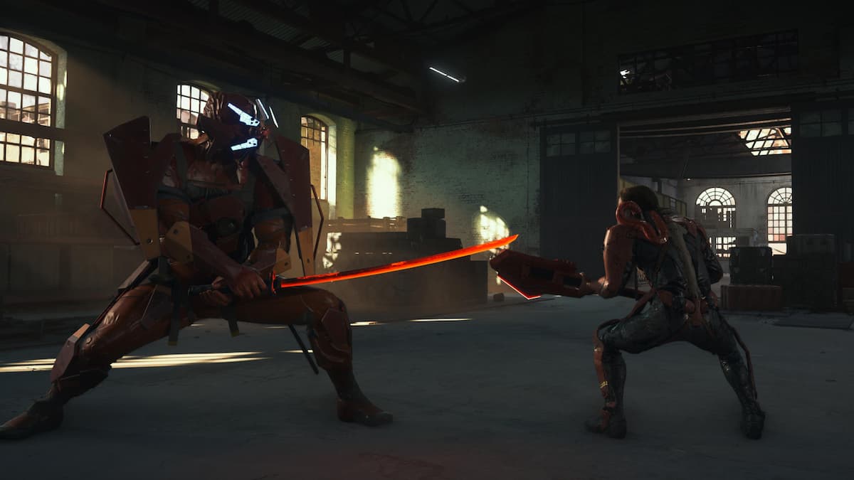 A robot samurai with a katana facing a man holding a guitar.