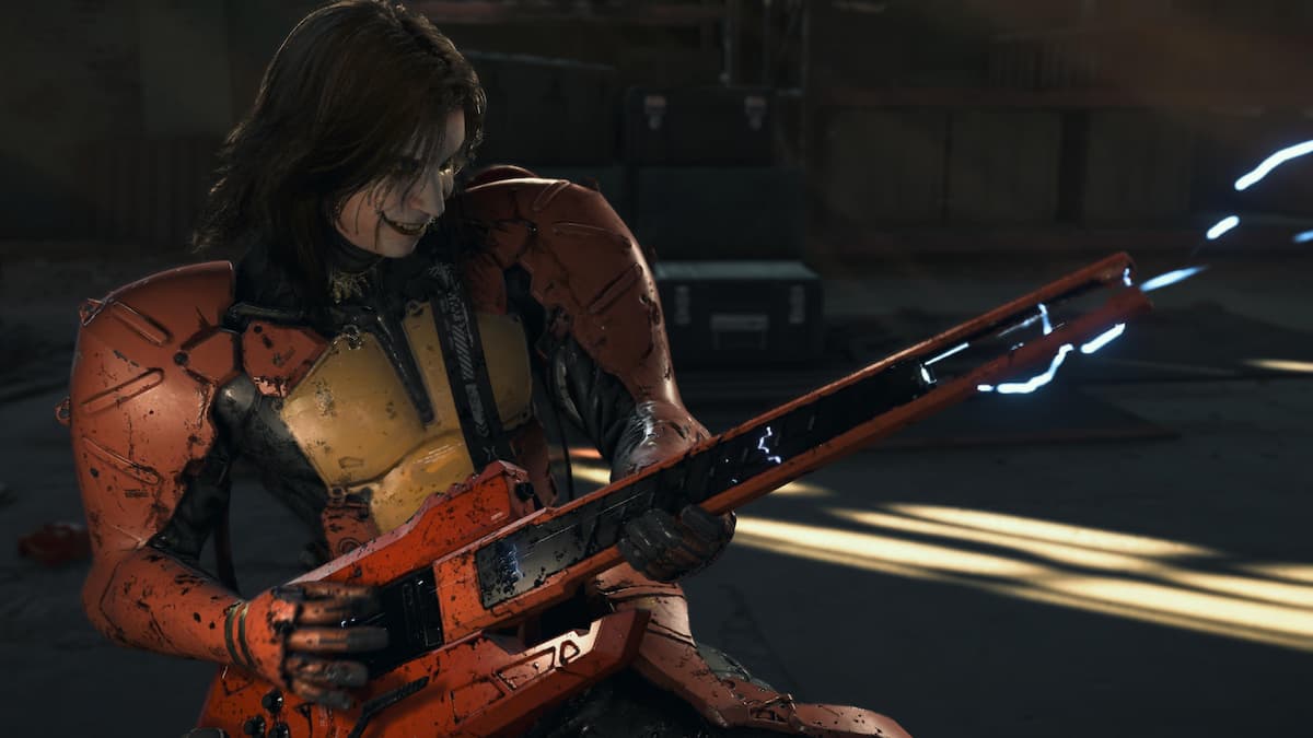 A man with long hair and clown makeup playing an electric guitar. This is Higgs from Death Stranding 2.