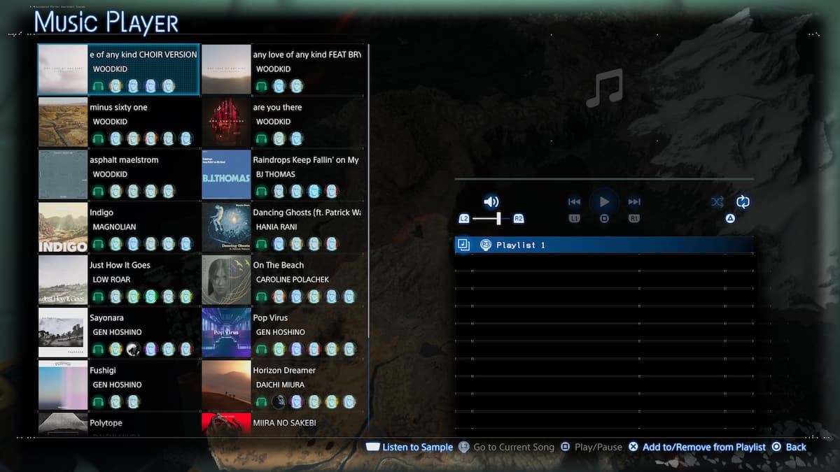 A music player with song options on the left side of the screen.
