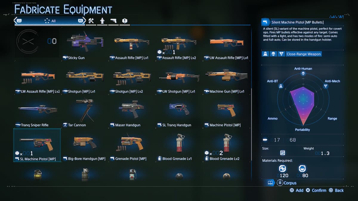 A grid of weapon options in Death Stranding 2.