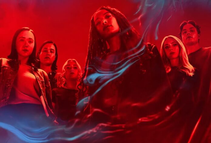 gen v season 2 A red backdrop with five characters standing together for the cover of Gen V Season 2.