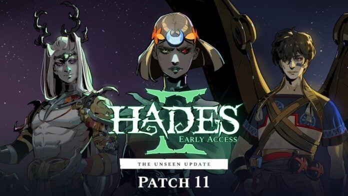 hades 2 update Hades II logo in large green text, with three figures behind the words.