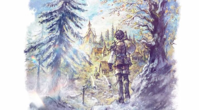 octopath traveler 0 A watercolor art piece of a boy with dark hair heading into a forest in Octopath Traveler 0.