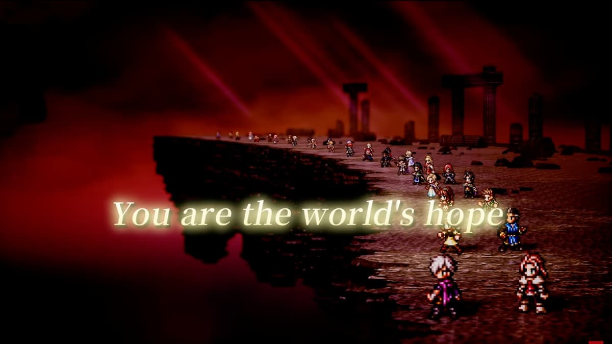 A cliff with a red backdrop and the caption "You are the world's hope" in Octopath Traveler 0.
