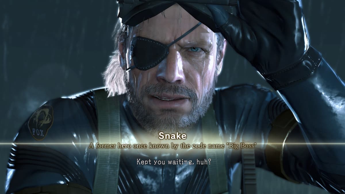 A man with an eyepatch with the text "Snake" in Metal Gear Solid V.