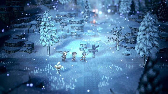 Octopath Traveler 0 winter setting A screenshot from Octopath Traveler 0 showing a light blue wintry background, with three pixel art characters in the middle.