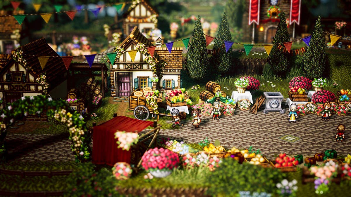 A vibrant pixel art town with brown roads and flowers.