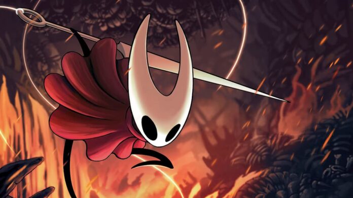 hollow knight silksong A white horned bug in a red dress. The cover for Hollow Knight: Silksong.