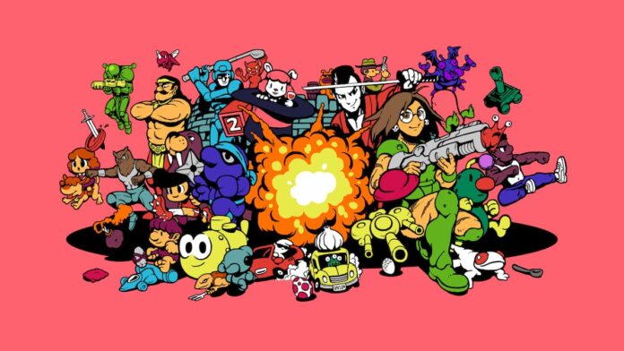 ufo 50 cover A salmon background with a bunch of cartoon characters and an explosion in the middle. Cover image for UFO 50.