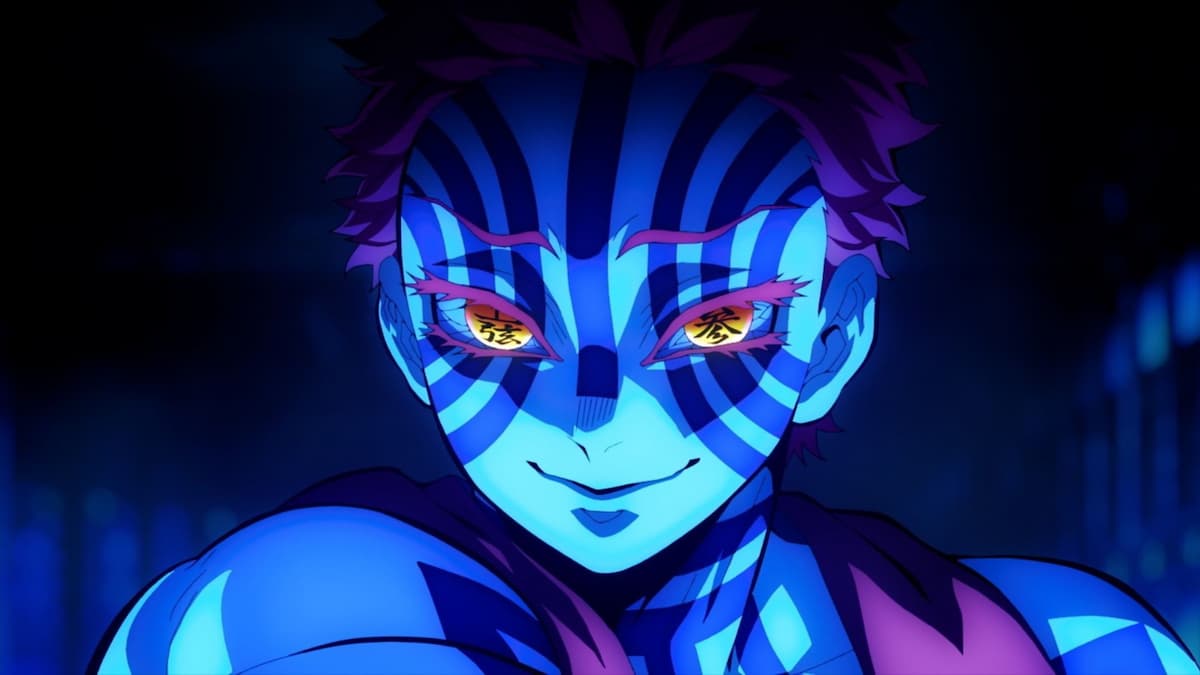 A man with yellow eyes and stripes across his face in Demon Slayer.