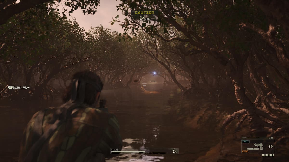 A man aiming a weapon in a swamp in Metal Gear Solid Delta: Snake Eater.