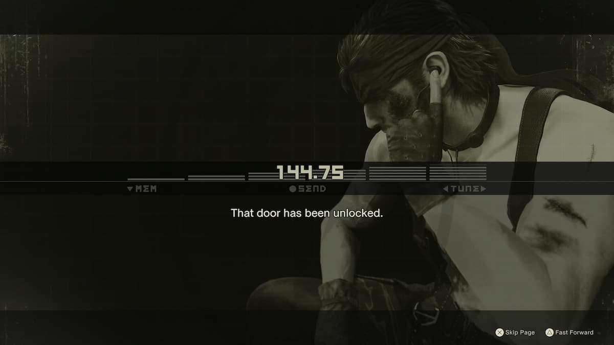 A man with his finger at his ear. The numbers 144.75 are in the middle. This is one of the prison escape methods in Snake Eater.